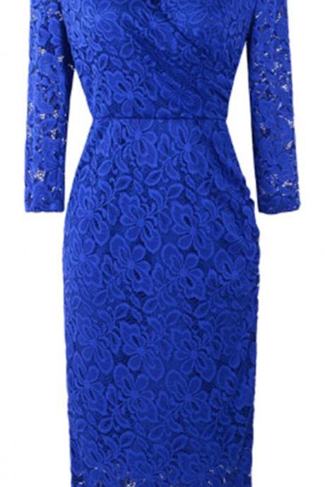 Spring new cross V-neck hand cut lace Pencil Dress