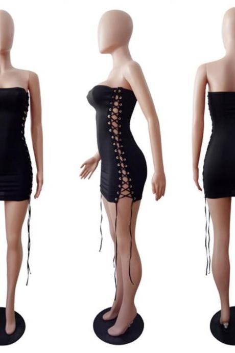 Nightclub sexy double side corns lace up breast wrapped slim dress girl